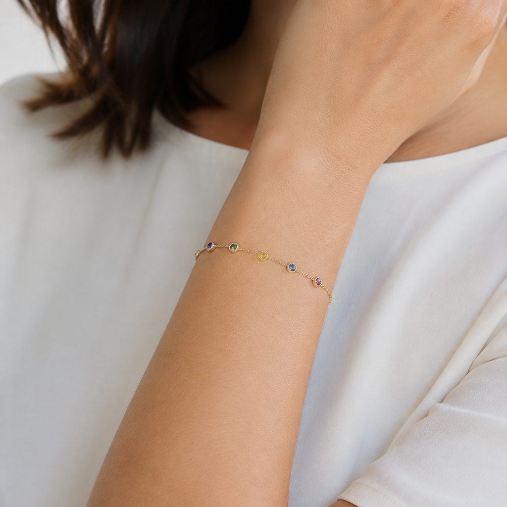 Delicate Colorful Gemstone Layered Bracelet — wearing view — CRYSTARO