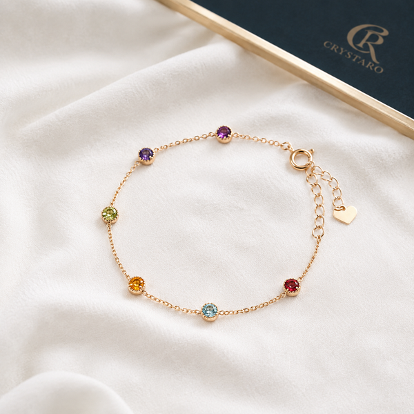 Delicate Colorful Gemstone Layered Bracelet — styled product still life — CRYSTARO