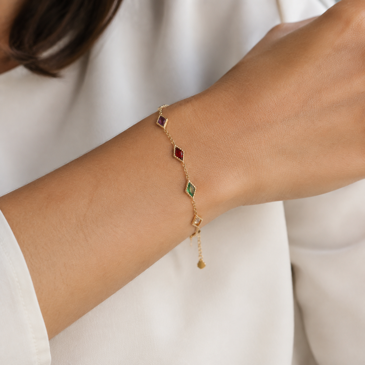 Geometric Gemstone Layering Bracelet — wearing view — CRYSTARO