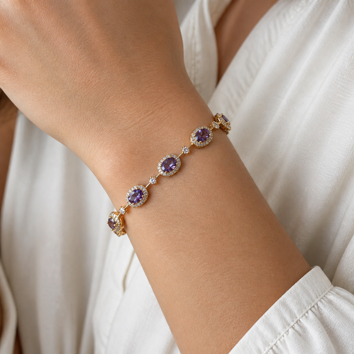 Purple Crystal Delicate Bracelet — wearing view — CRYSTARO