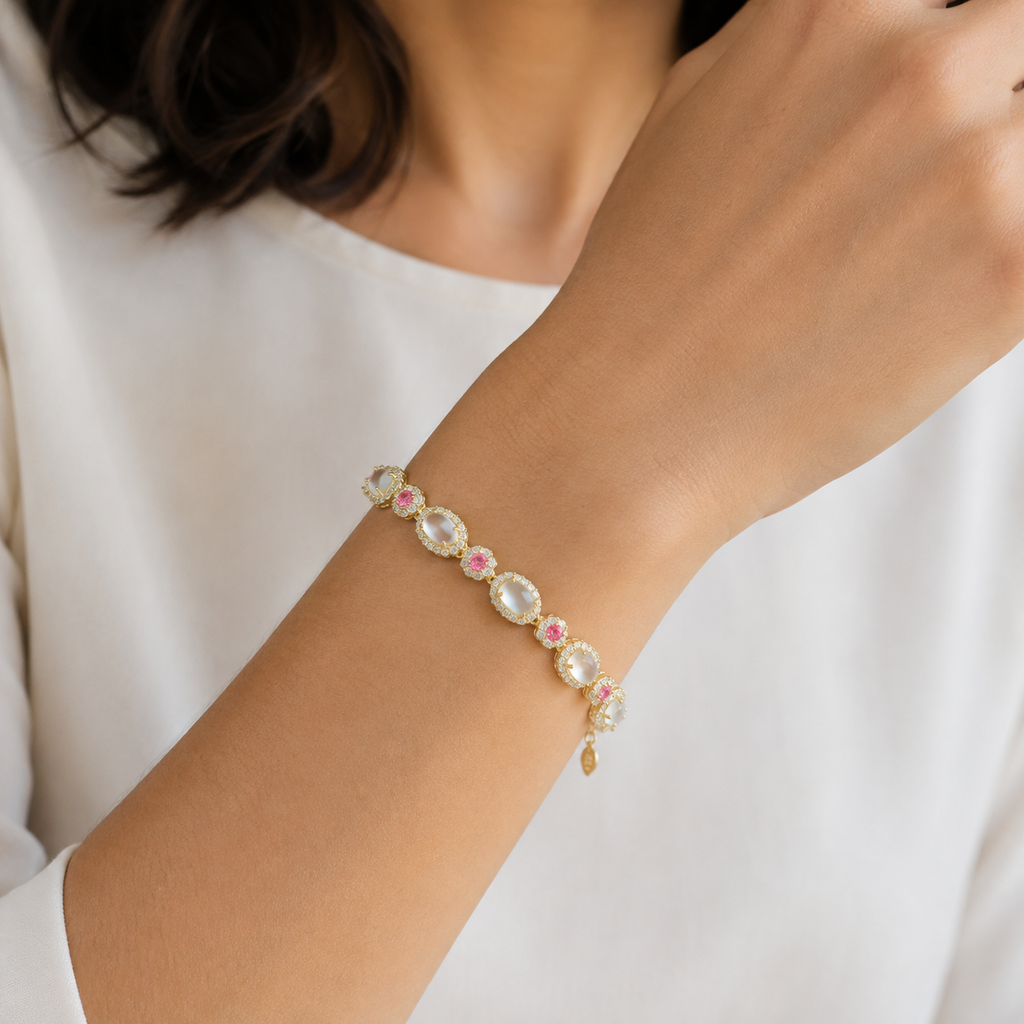 Pearl and Pink Gemstone Bracelet — wearing view — CRYSTARO