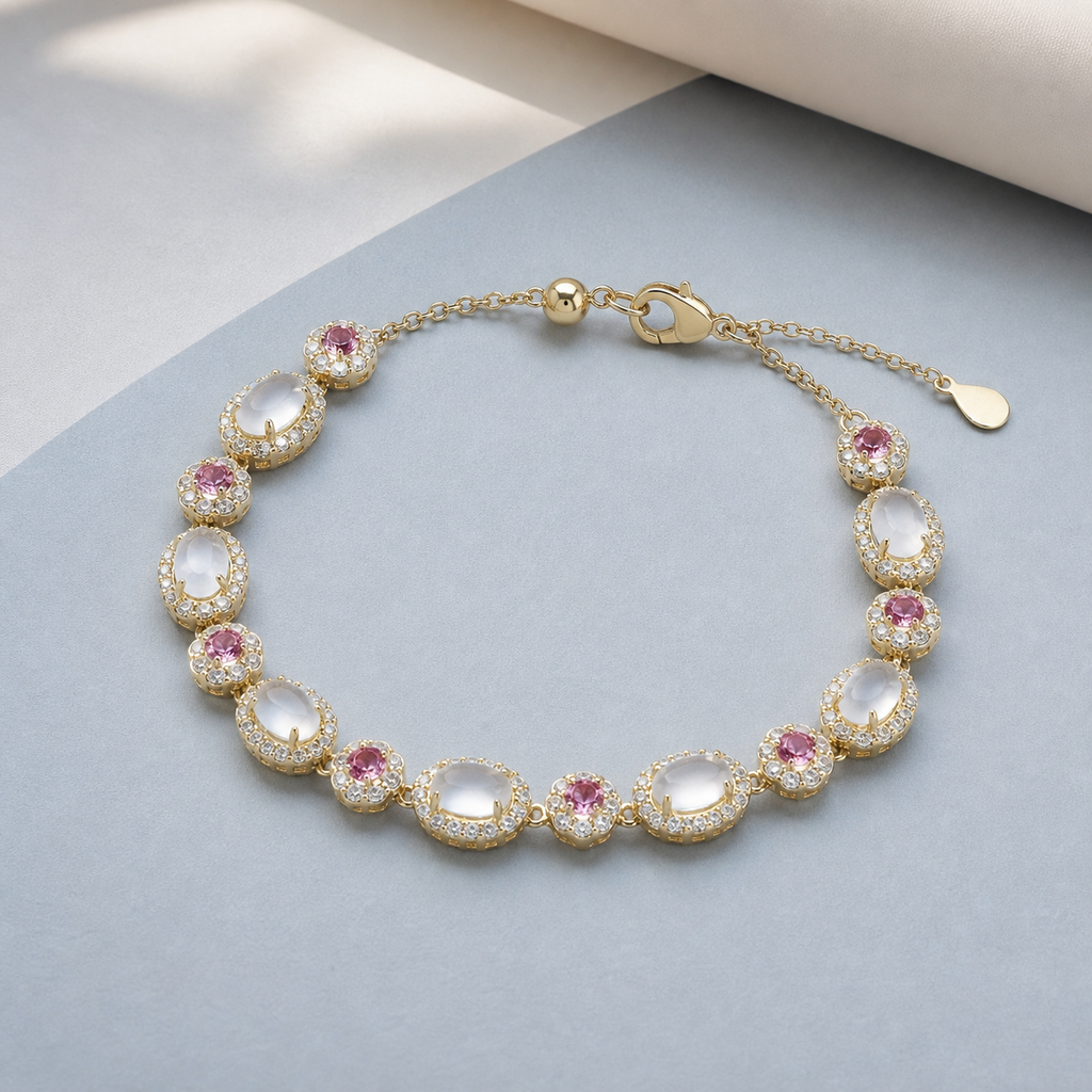 Pearl and Pink Gemstone Bracelet — angle and structure view — CRYSTARO