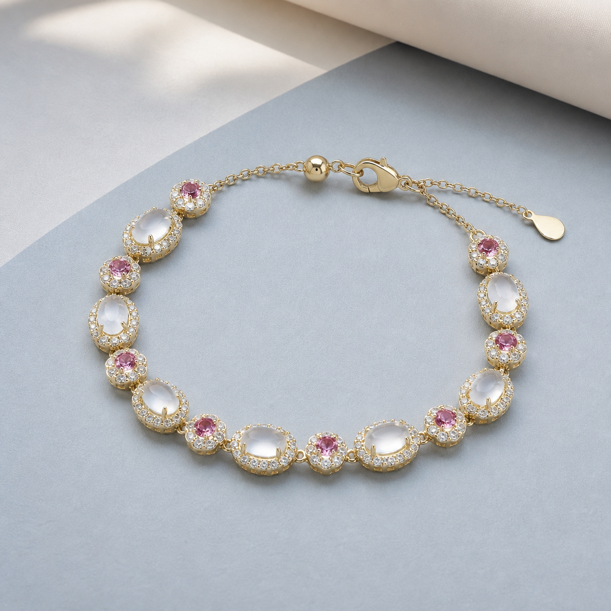 Pearl and Pink Gemstone Bracelet — angle and structure view — CRYSTARO