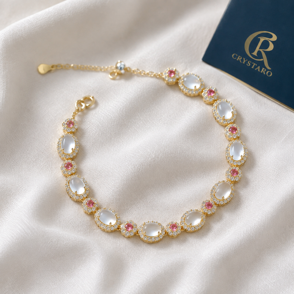 Pearl and Pink Gemstone Bracelet — styled product still life — CRYSTARO