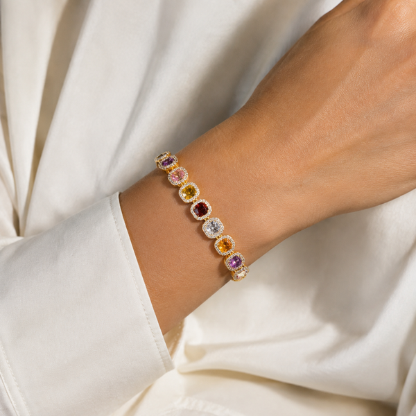 Rainbow Bezel Gemstone Tennis Bracelet — wearing view — CRYSTARO