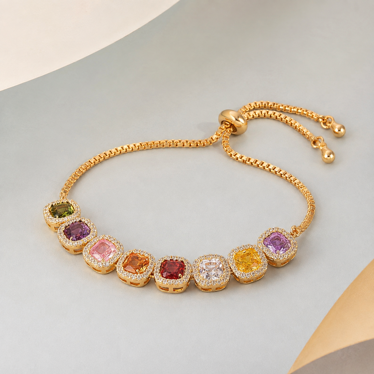 Rainbow Bezel Gemstone Tennis Bracelet — angle and structure view — CRYSTARO