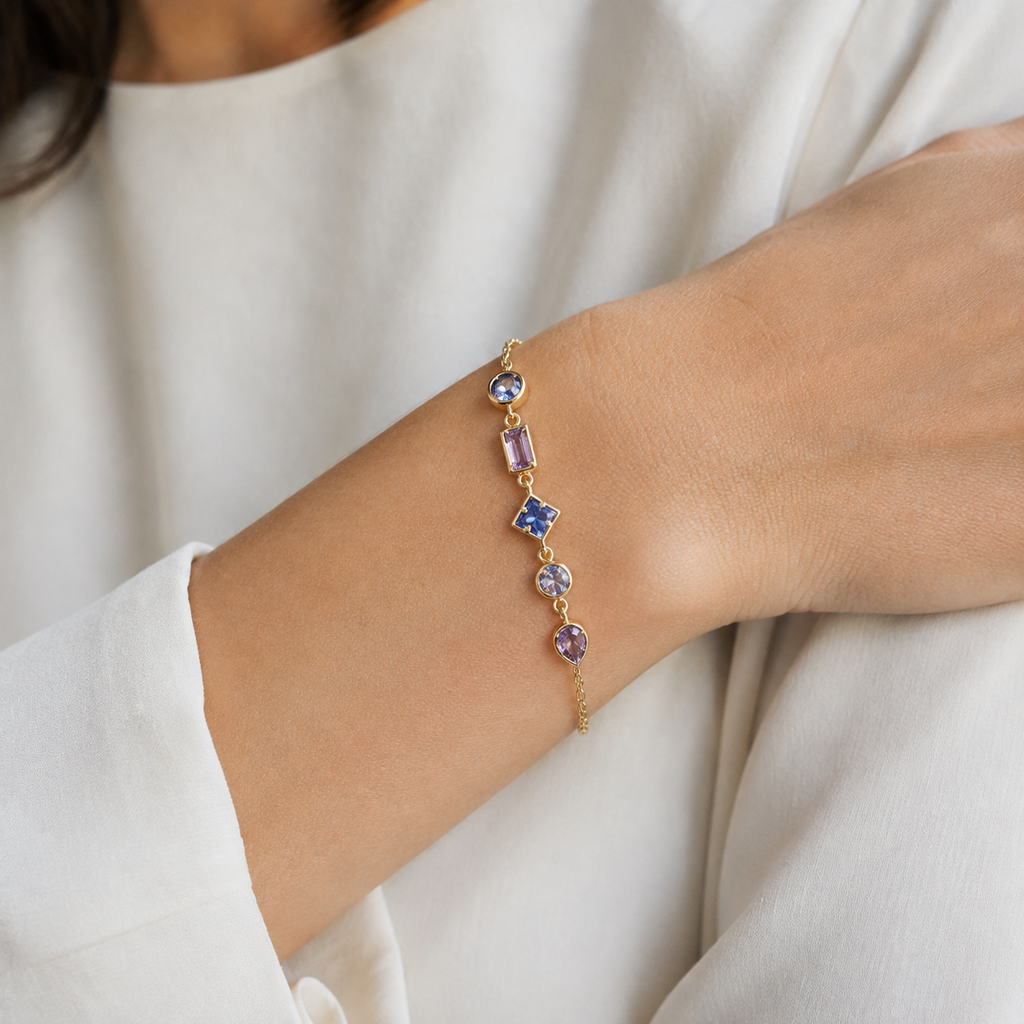 Geometric Purple Gemstone Bracelet — wearing view — CRYSTARO