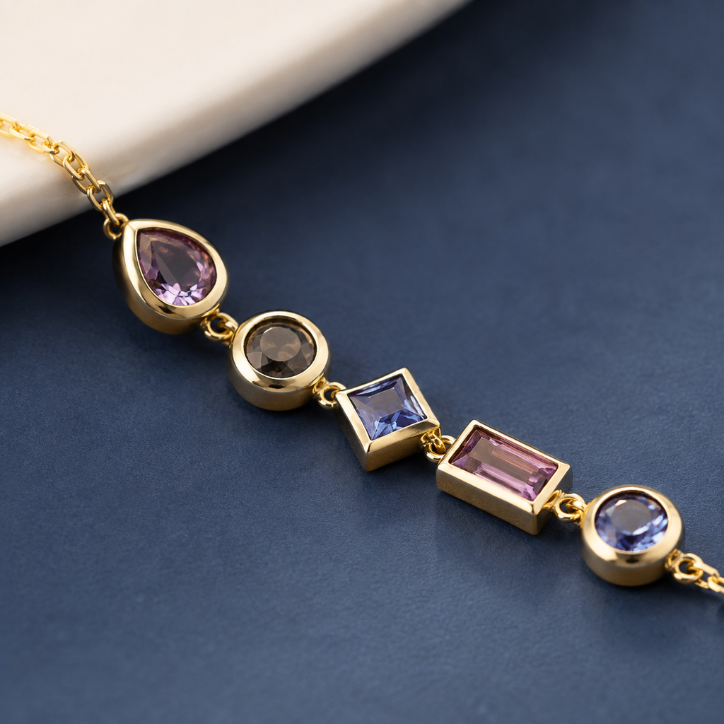 Geometric Purple Gemstone Bracelet — craftsmanship close-up — CRYSTARO