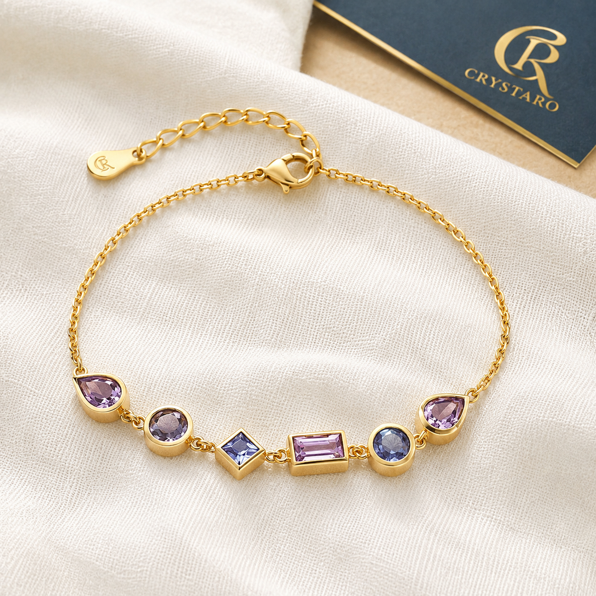 Geometric Purple Gemstone Bracelet — styled product still life — CRYSTARO
