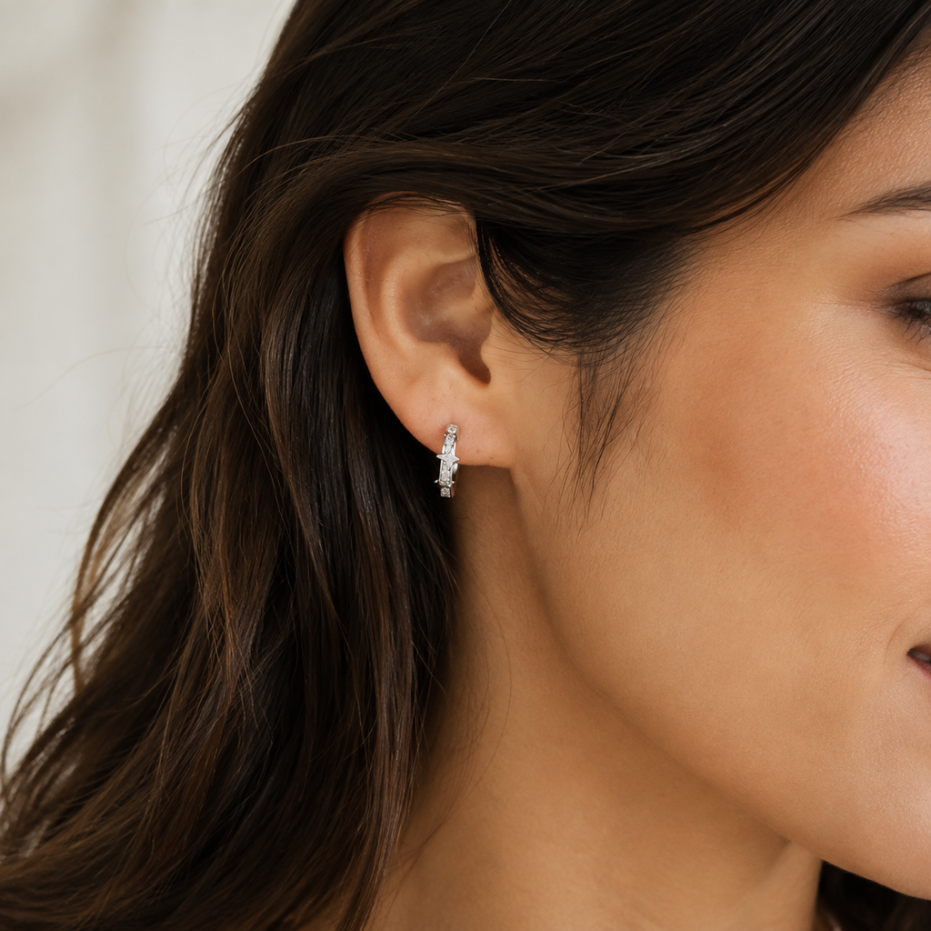 Silver-Tone Pave Huggie Hoop Earrings — wearing view — CRYSTARO