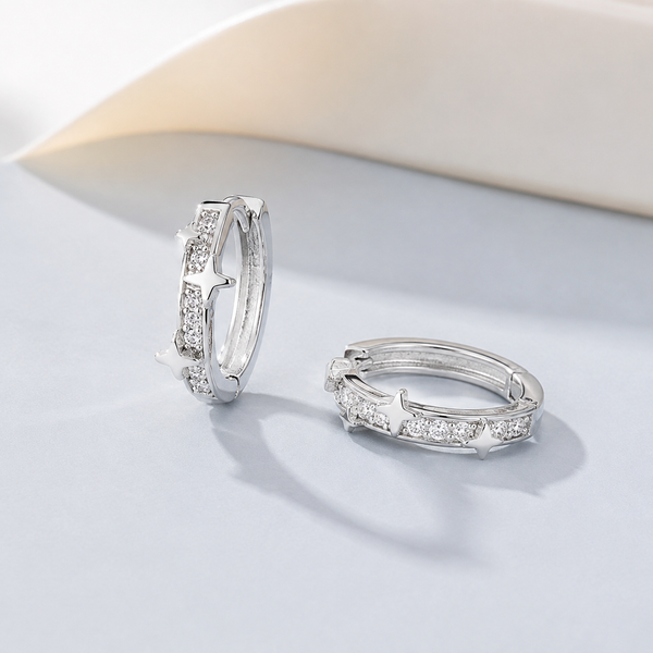 Silver-Tone Pave Huggie Hoop Earrings — angle and structure view — CRYSTARO