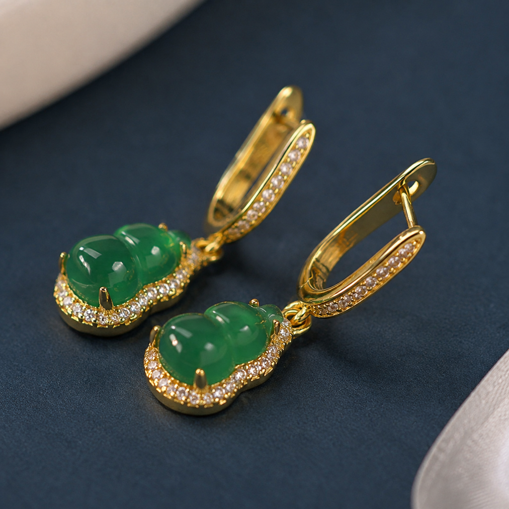 Green Gemstone Drop Huggie Earrings — craftsmanship close-up — CRYSTARO