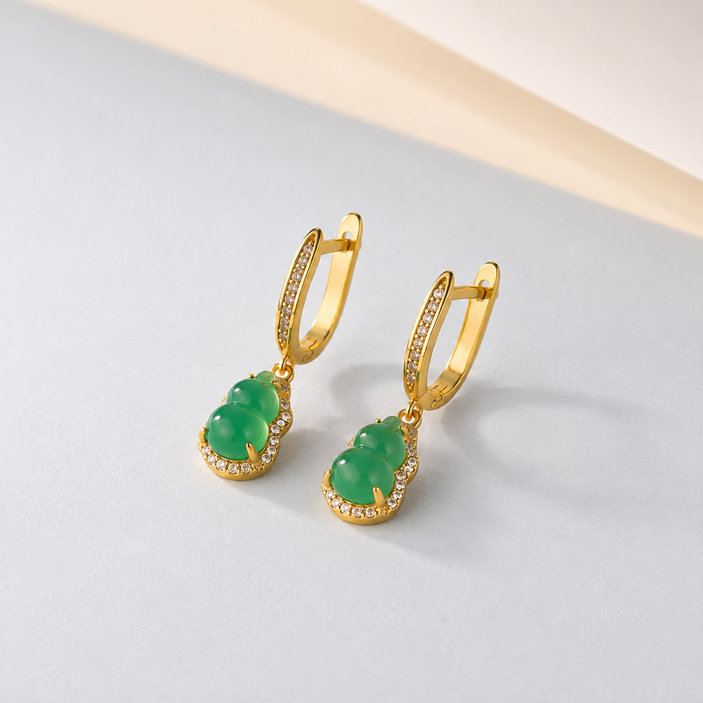 Green Gemstone Drop Huggie Earrings — angle and structure view — CRYSTARO
