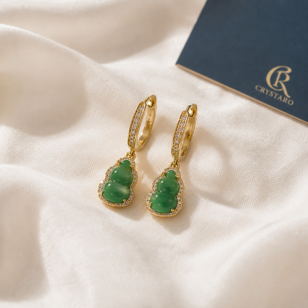 Green Gemstone Drop Huggie Earrings — styled product still life — CRYSTARO