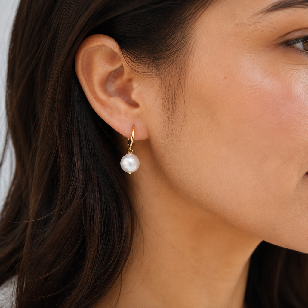 Baroque Pearl-Look Hoop Drop Earrings — wearing view — CRYSTARO