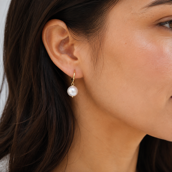 Baroque Pearl-Look Hoop Drop Earrings — wearing view — CRYSTARO