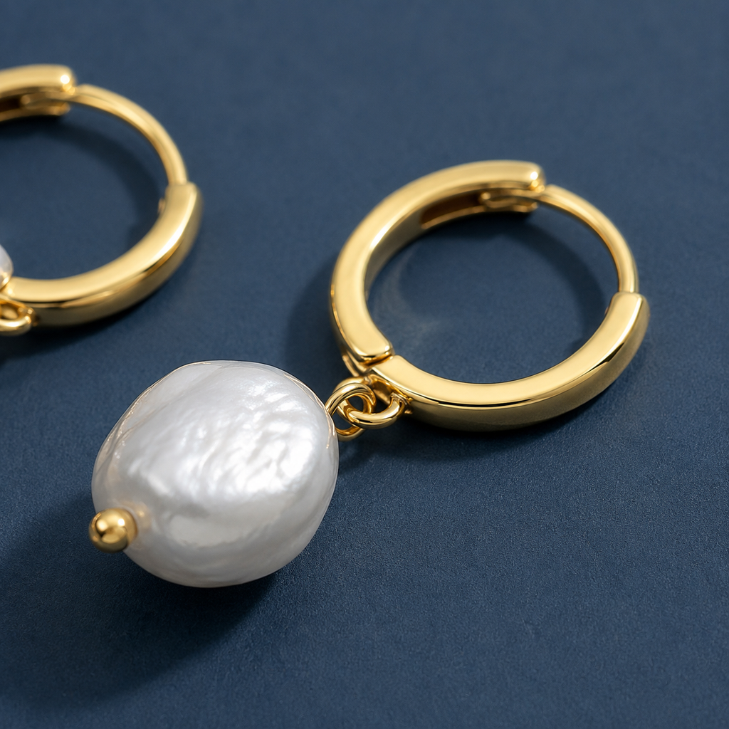 Baroque Pearl-Look Hoop Drop Earrings — craftsmanship close-up — CRYSTARO