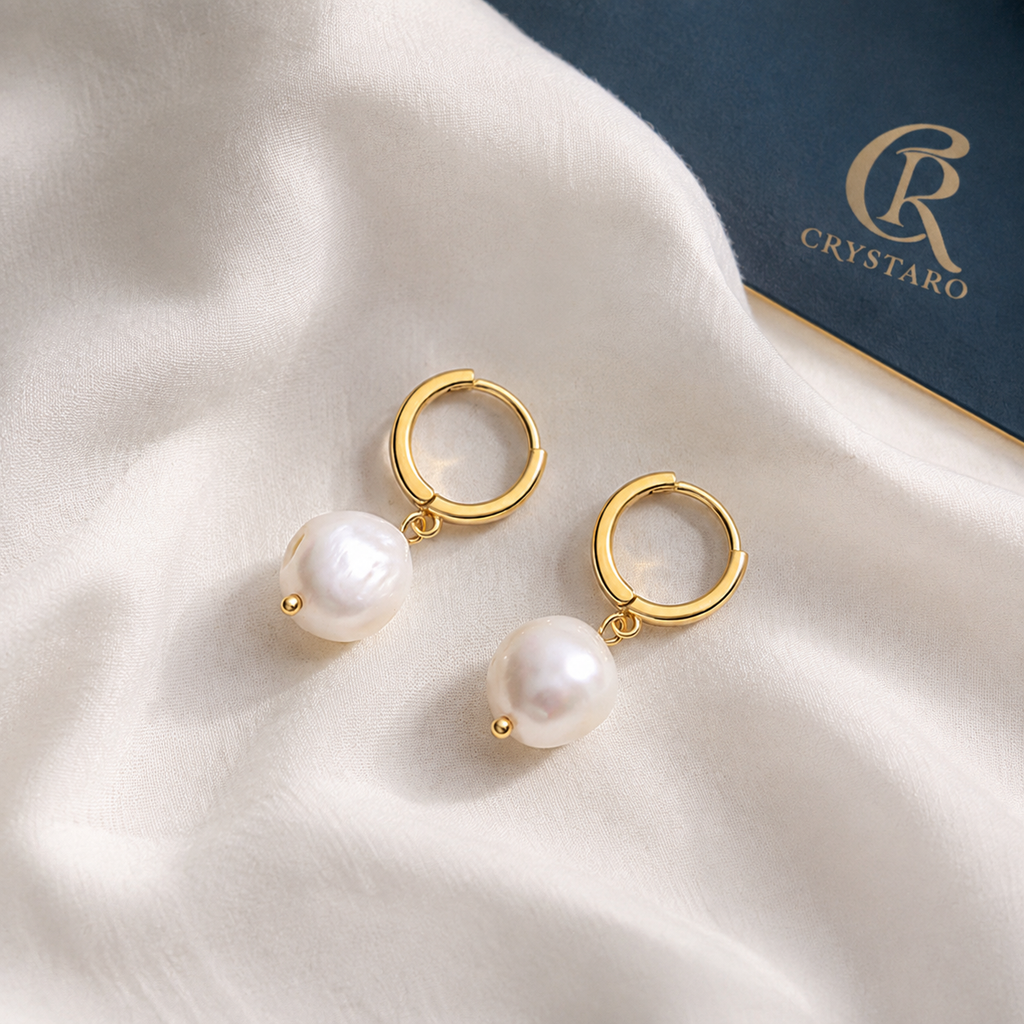 Baroque Pearl-Look Hoop Drop Earrings — styled product still life — CRYSTARO