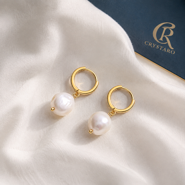 Baroque Pearl-Look Hoop Drop Earrings — styled product still life — CRYSTARO