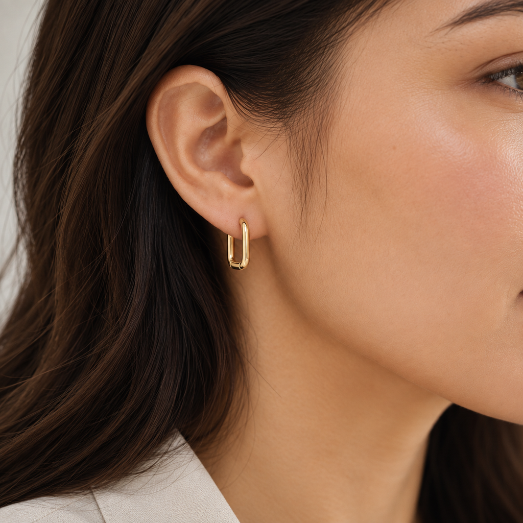 Petite Rounded Rectangle Huggie Hoop Earrings — wearing view — CRYSTARO