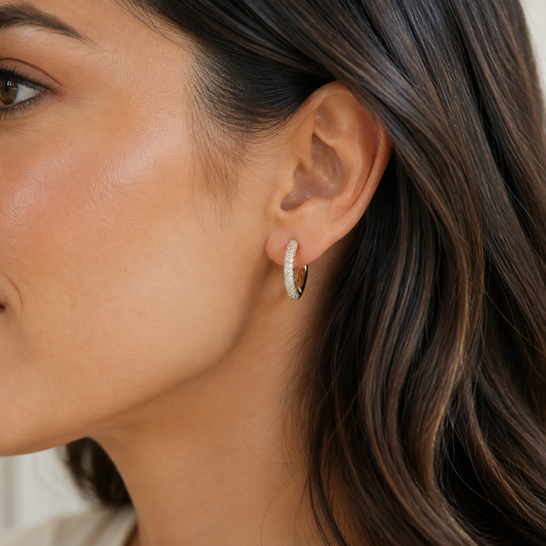 Pave Oval Hoop Earrings — wearing view — CRYSTARO