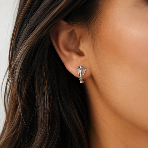 Mixed-Metal Chunky Huggie Hoops — wearing view — CRYSTARO
