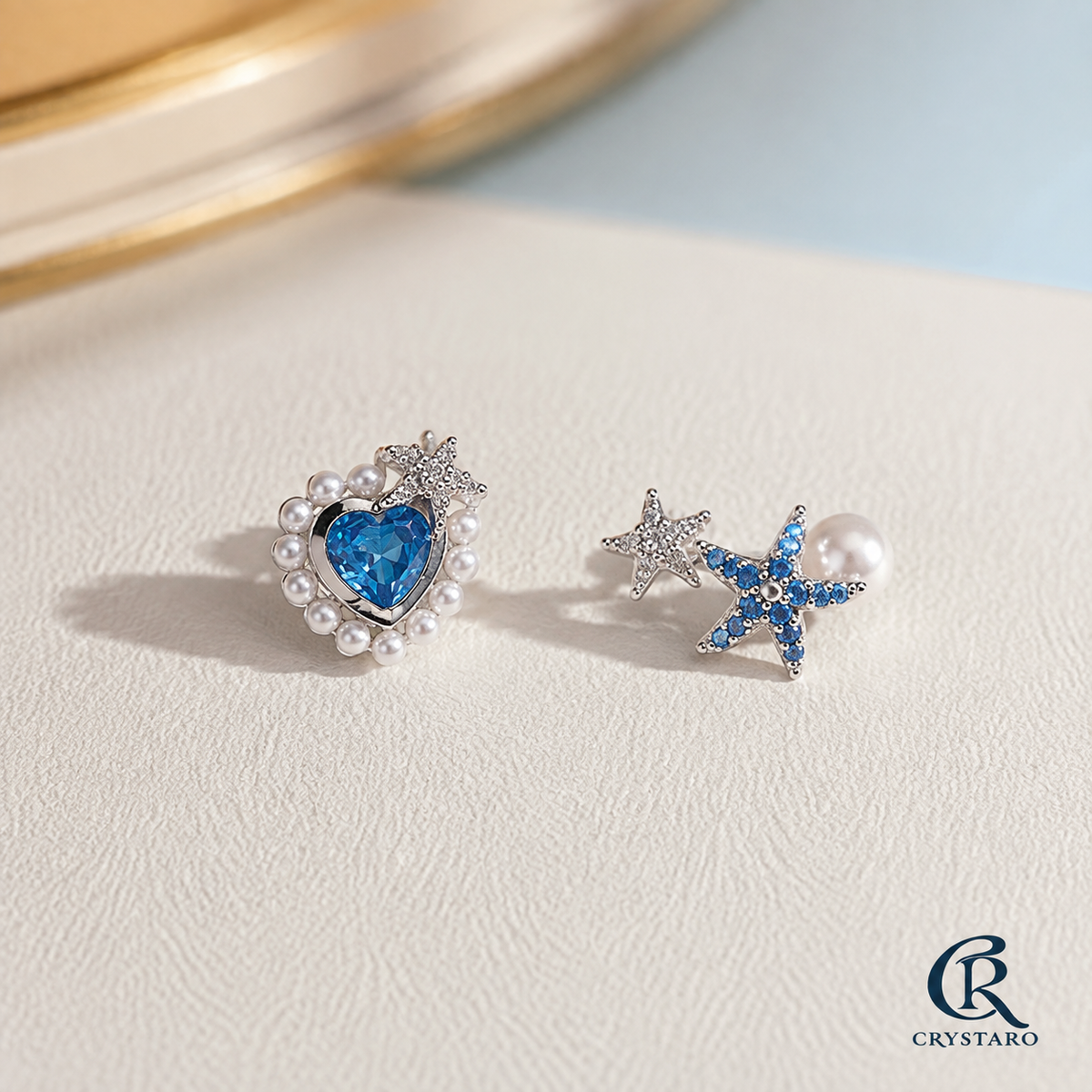 Blue Heart and Star Stud Earrings — product hero — CRYSTARO