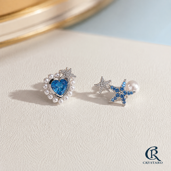 Blue Heart and Star Stud Earrings — product hero — CRYSTARO