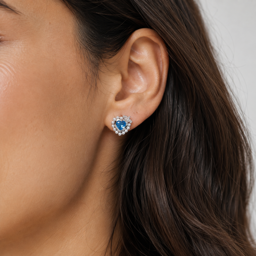 Blue Heart and Star Stud Earrings — wearing view — CRYSTARO