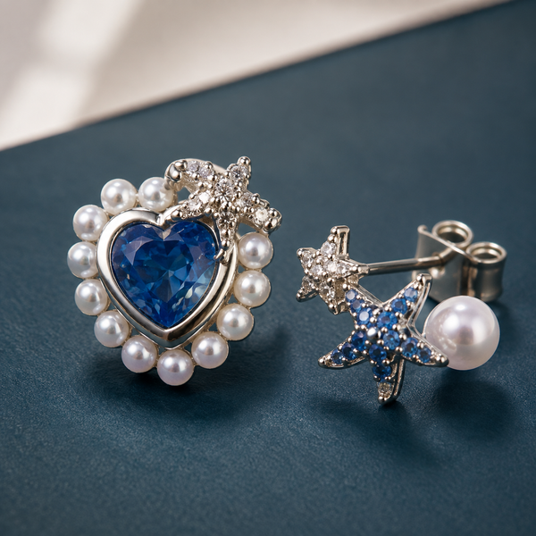 Blue Heart and Star Stud Earrings — craftsmanship close-up — CRYSTARO