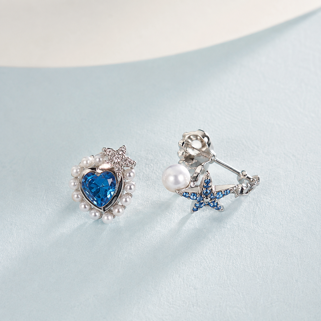Blue Heart and Star Stud Earrings — angle and structure view — CRYSTARO