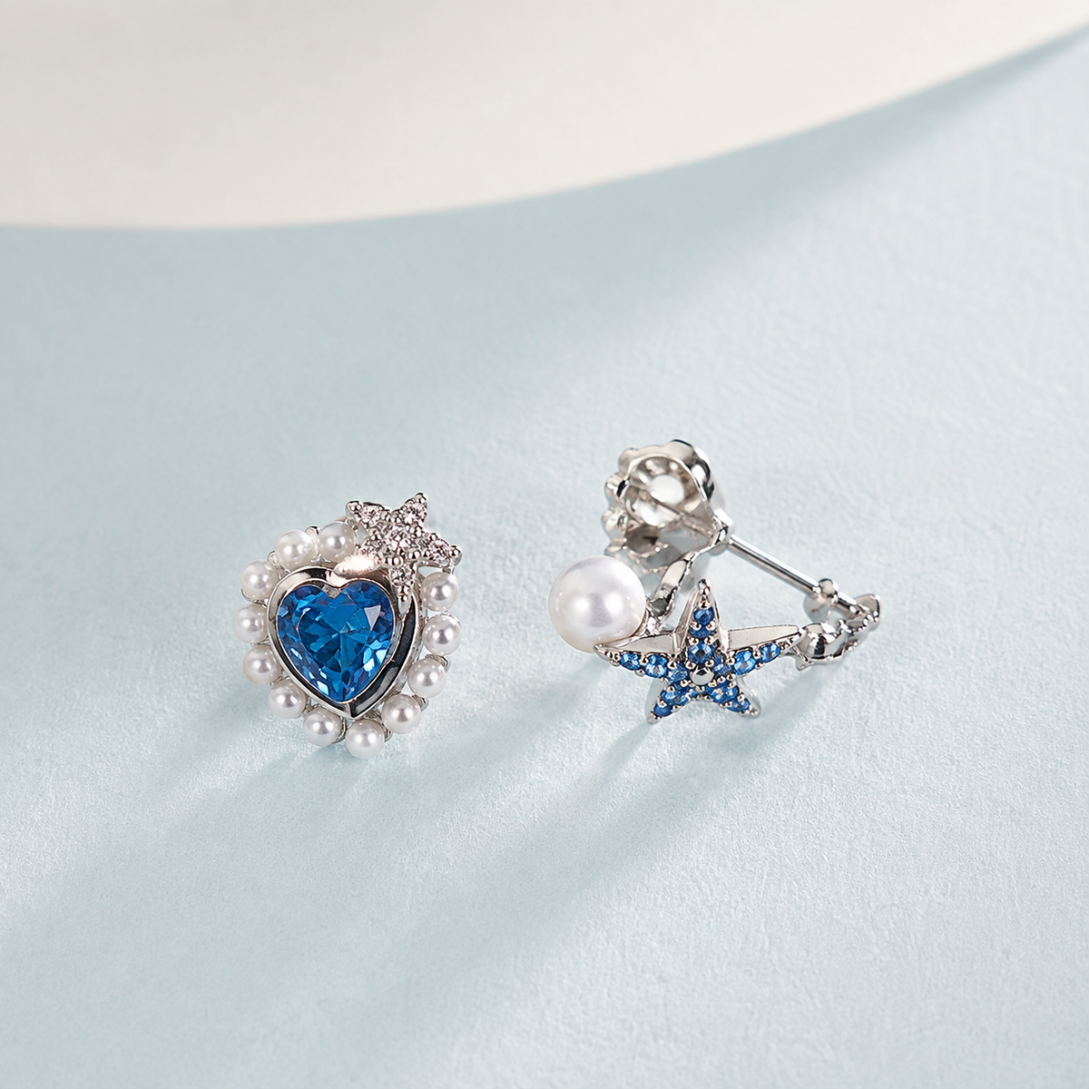 Blue Heart and Star Stud Earrings — angle and structure view — CRYSTARO