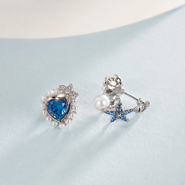 Blue Heart and Star Stud Earrings — angle and structure view — CRYSTARO