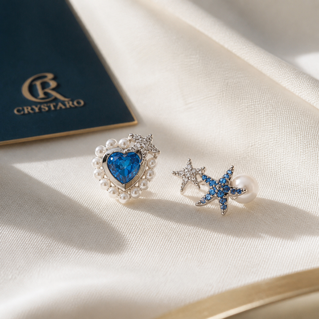 Blue Heart and Star Stud Earrings — styled product still life — CRYSTARO
