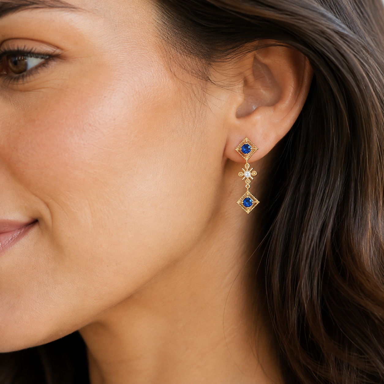Blue Gemstone Drop Earrings — wearing view — CRYSTARO