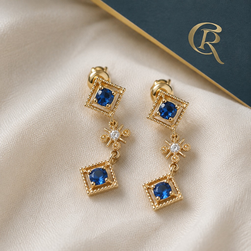 Blue Gemstone Drop Earrings — styled product still life — CRYSTARO