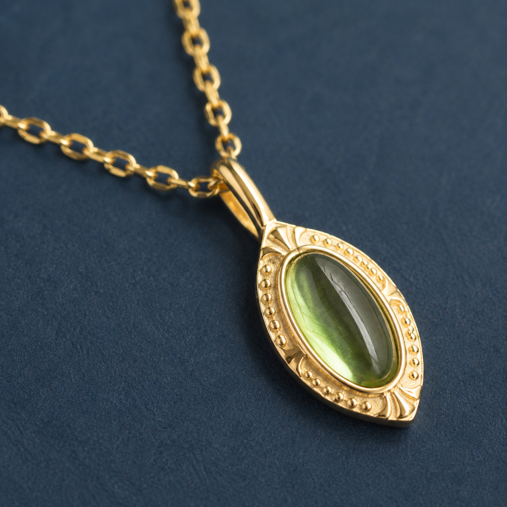Vintage Green Oval Crystal Pendant Necklace — craftsmanship close-up — CRYSTARO