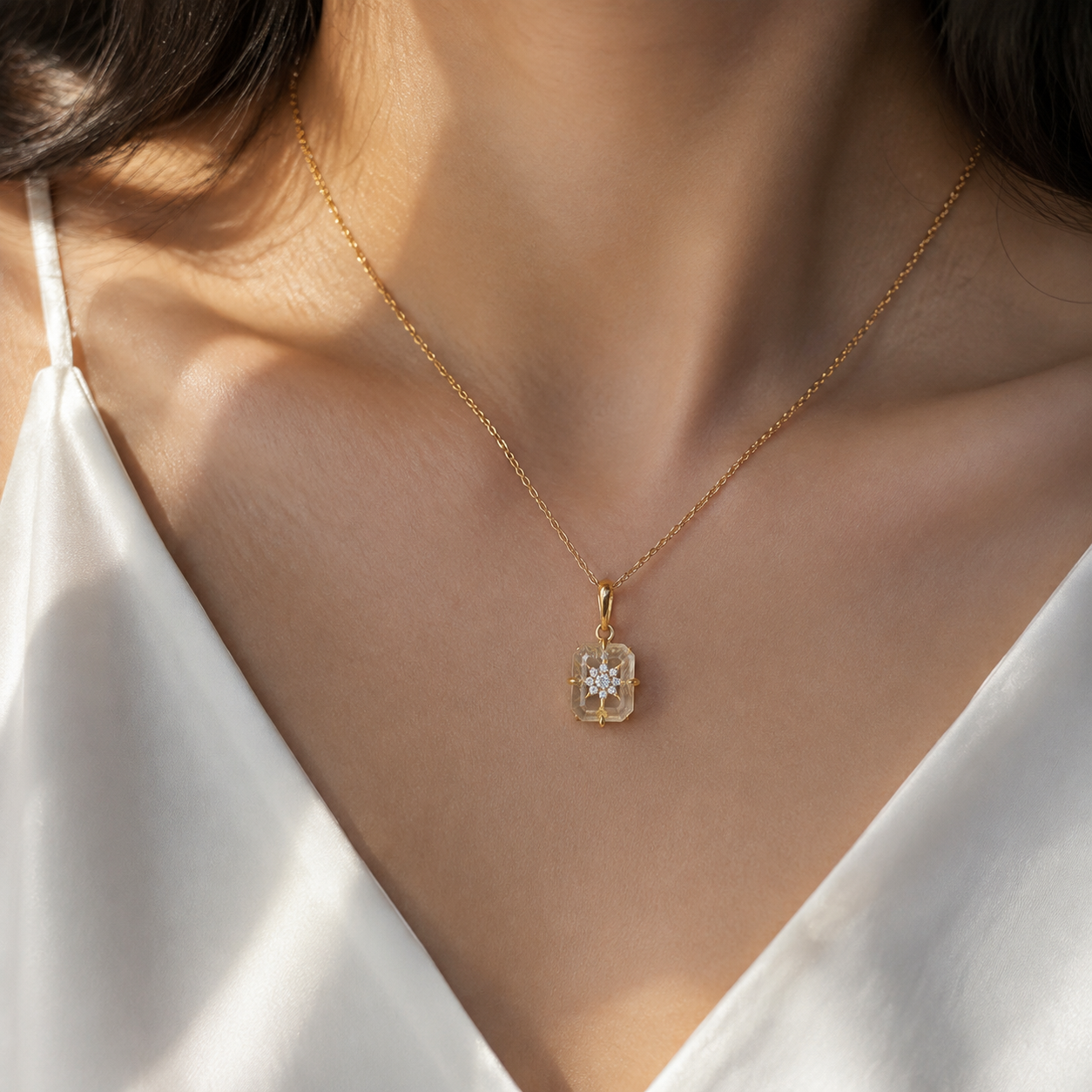 Crystal Starburst Square Pendant Necklace — wearing view — CRYSTARO