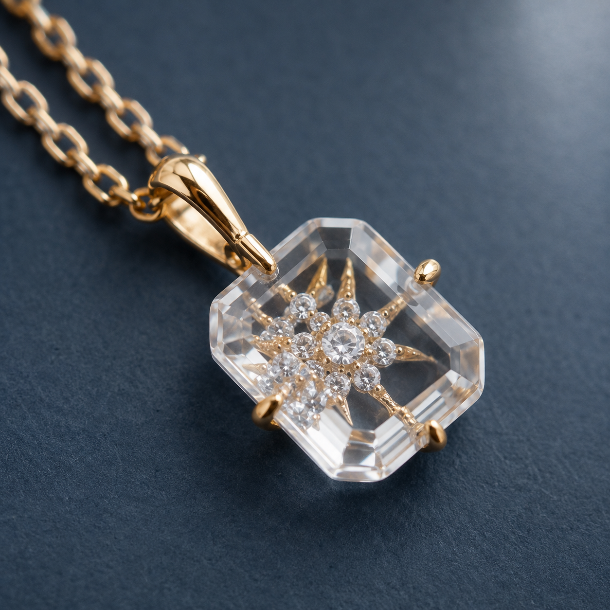 Crystal Starburst Square Pendant Necklace — craftsmanship close-up — CRYSTARO
