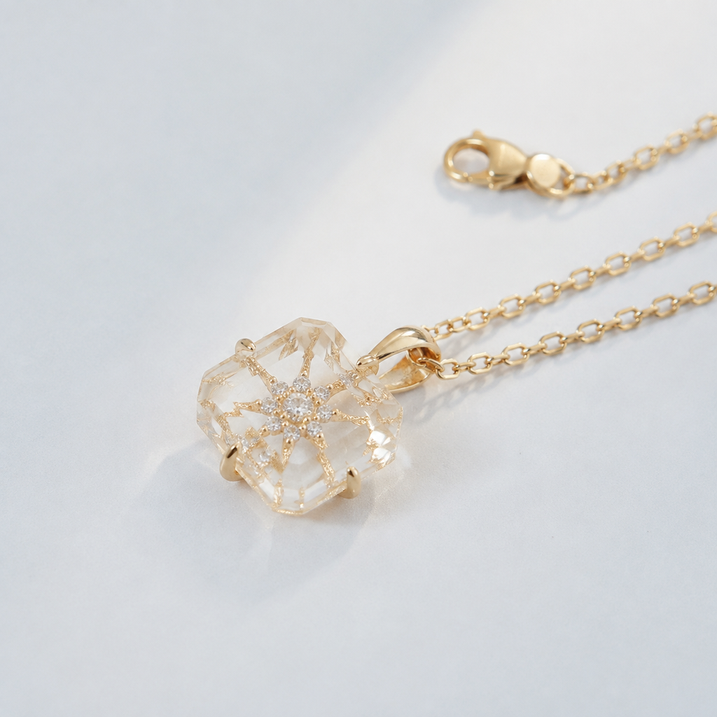 Crystal Starburst Square Pendant Necklace — angle and structure view — CRYSTARO