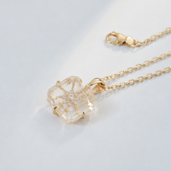 Crystal Starburst Square Pendant Necklace — angle and structure view — CRYSTARO