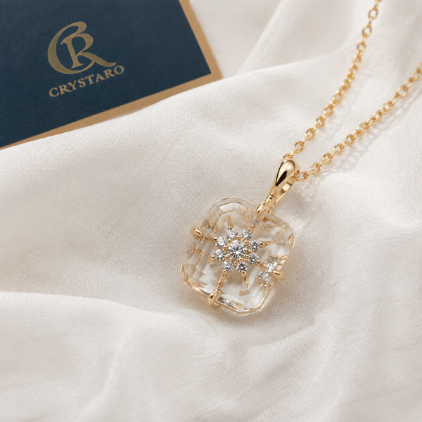 Crystal Starburst Square Pendant Necklace — styled product still life — CRYSTARO
