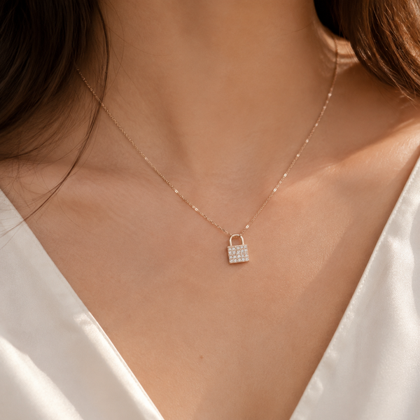Pave Lock Pendant Necklace — wearing view — CRYSTARO