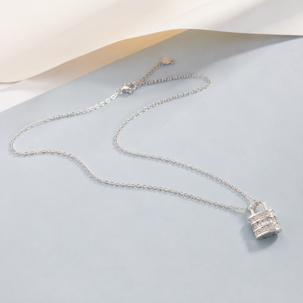 Pave Lock Pendant Necklace — angle and structure view — CRYSTARO