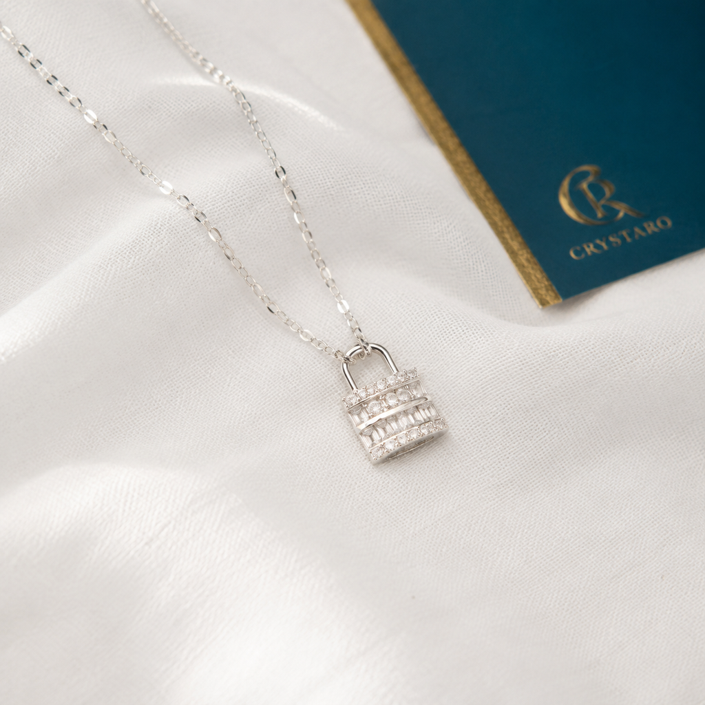Pave Lock Pendant Necklace — styled product still life — CRYSTARO