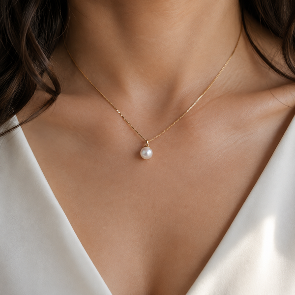 Minimalist Pearl Pendant Necklace — wearing view — CRYSTARO