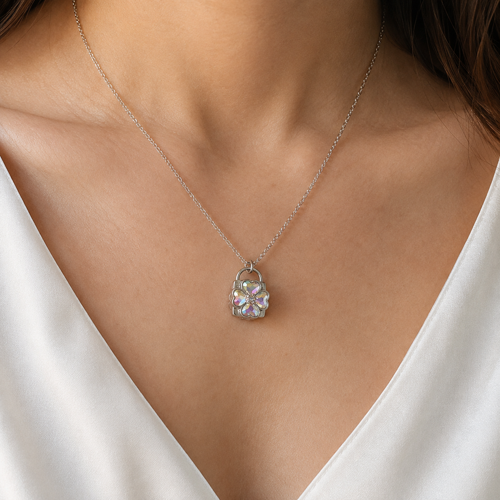 Heart Lock Pendant Necklace — wearing view — CRYSTARO