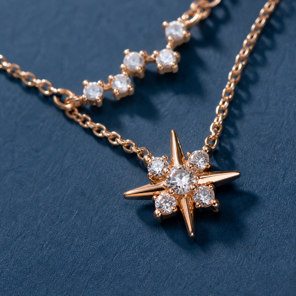Layered Celestial Star Necklace — craftsmanship close-up — CRYSTARO