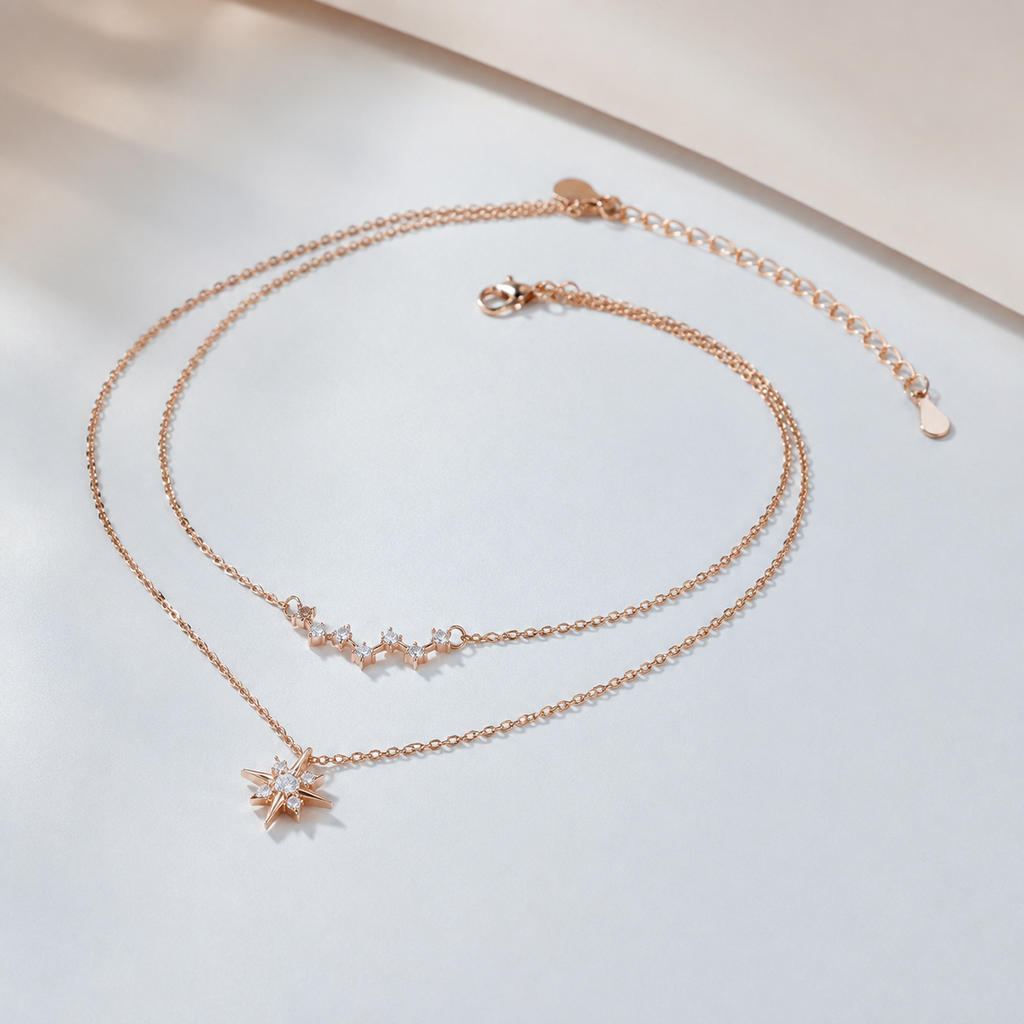 Layered Celestial Star Necklace — angle and structure view — CRYSTARO