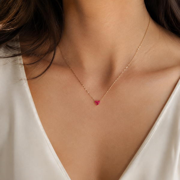 Vintage Red Gemstone Heart Necklace — wearing view — CRYSTARO